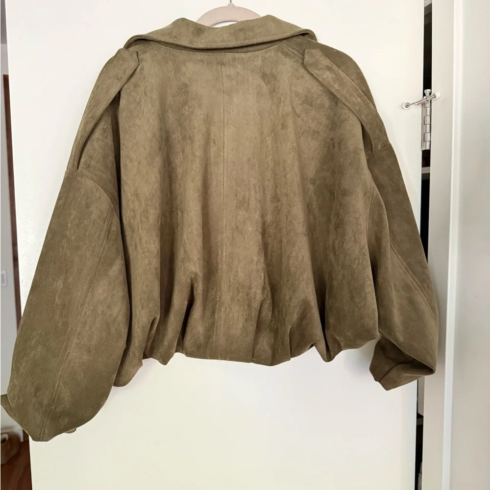 Olive Suede Bomber Jacket - Picture 3 of 4